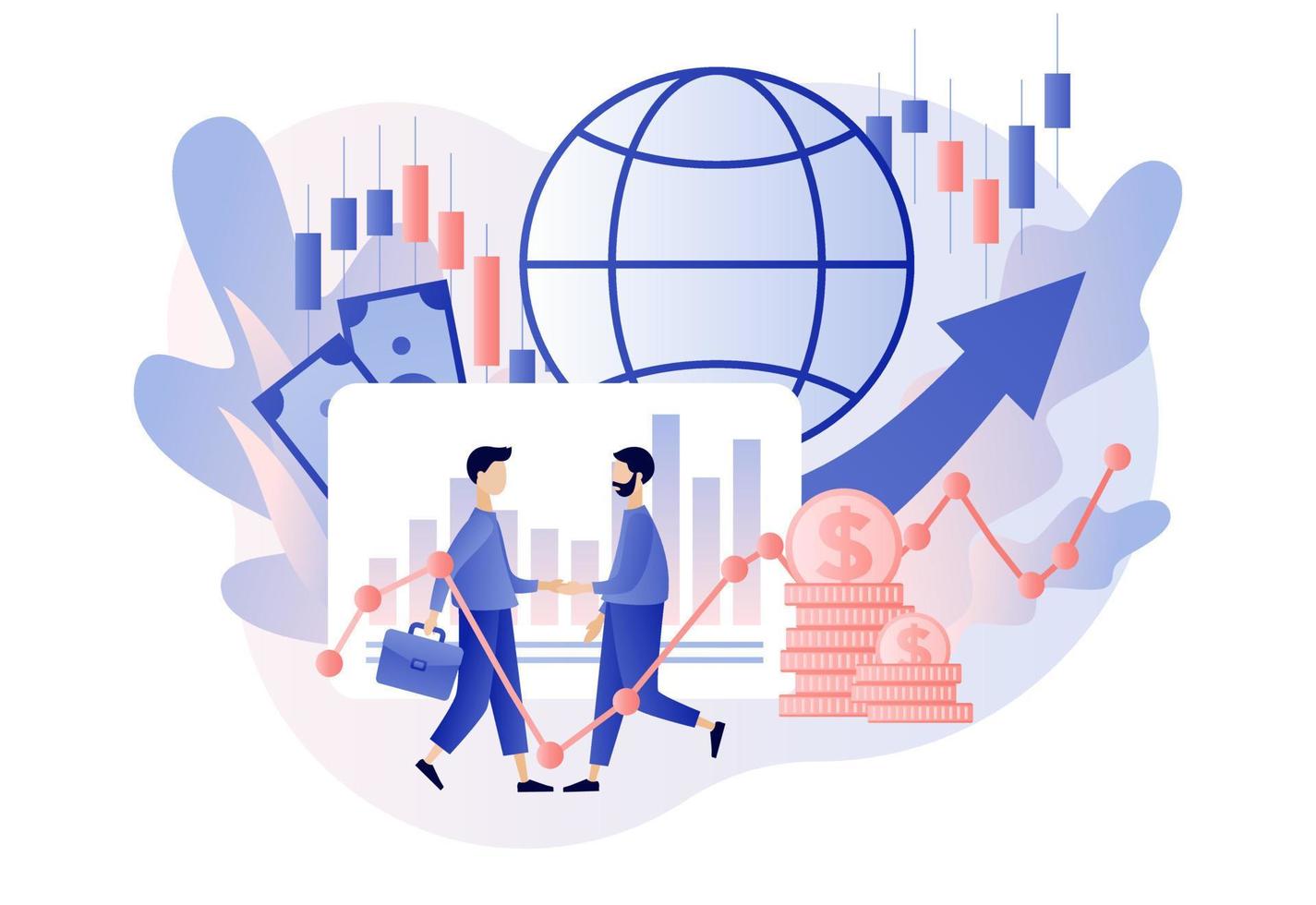 Trading online. Tiny people enter into agreement buy and sell cryptocurrency, stocks and bonds for forex. Business, finance and trade.Modern flat cartoon style. Vector illustration on white background