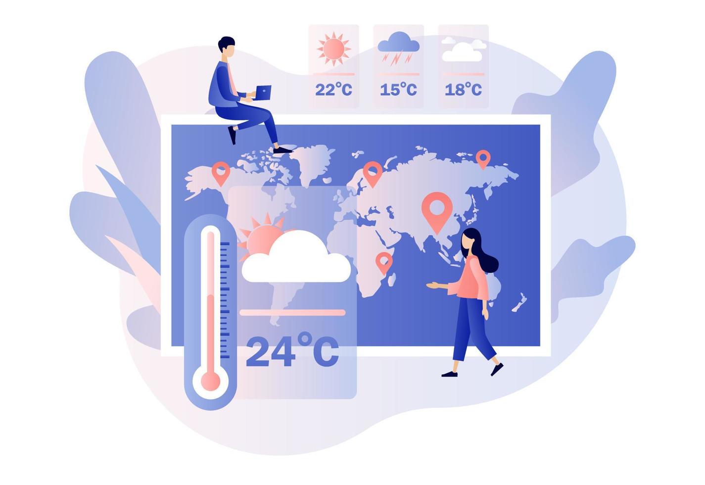 clima pronóstico en línea. sol, nubes, viento, tormenta, lluvia. meteorología ciencia. meteorólogo estudiando y investigando clima y clima condición. moderno plano dibujos animados estilo. vector ilustración