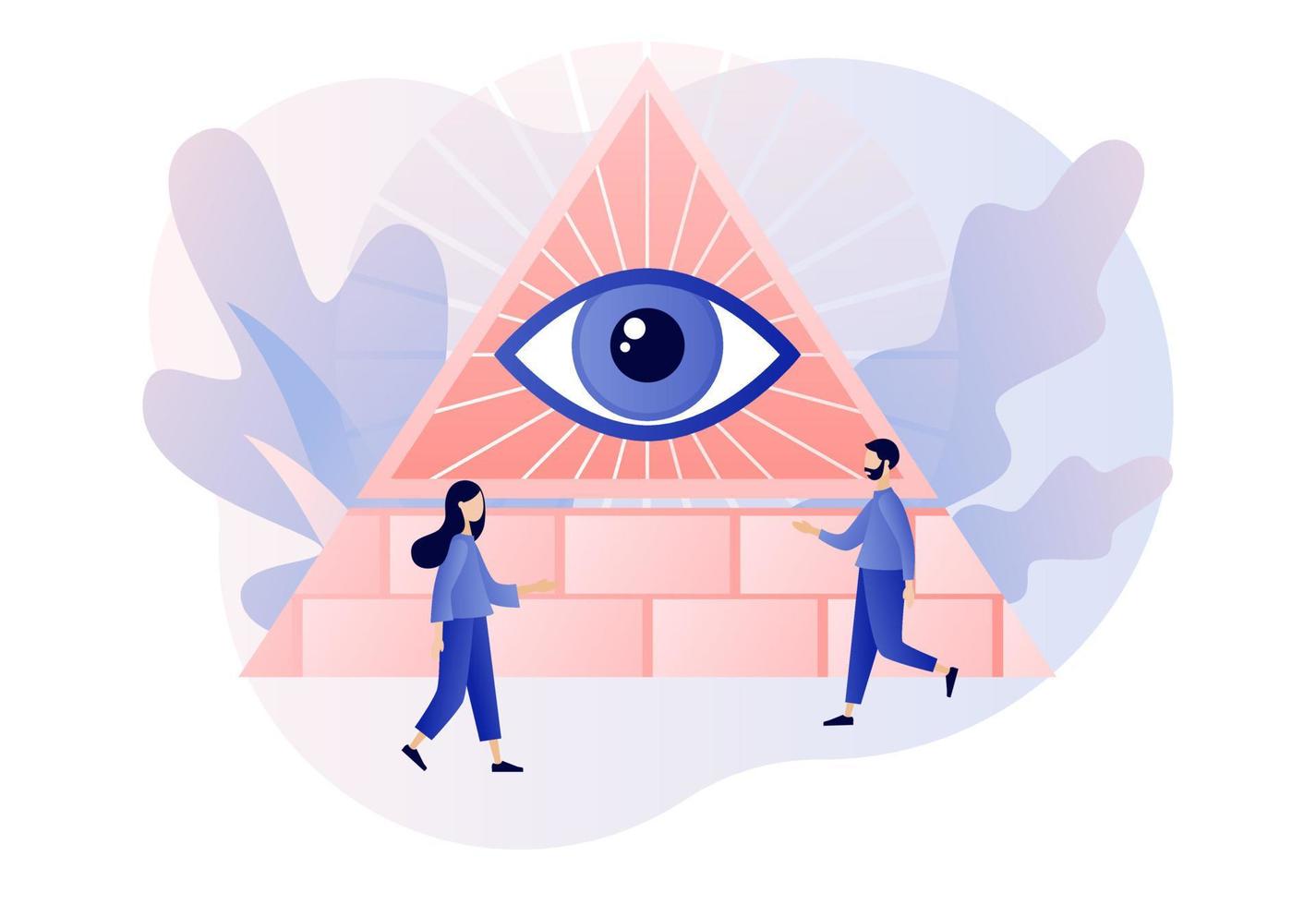 Pyramid with all-seeing eye. Conspiracy theory. Symbol of world government. Modern flat cartoon style. Vector illustration on white background