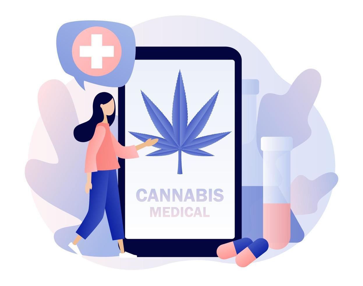 Cannabis medical online sale. CBD cultivation business, distribution of hemp products, marijuana sales market. Screen template for mobile smart phone. Modern flat cartoon style. Vector illustration