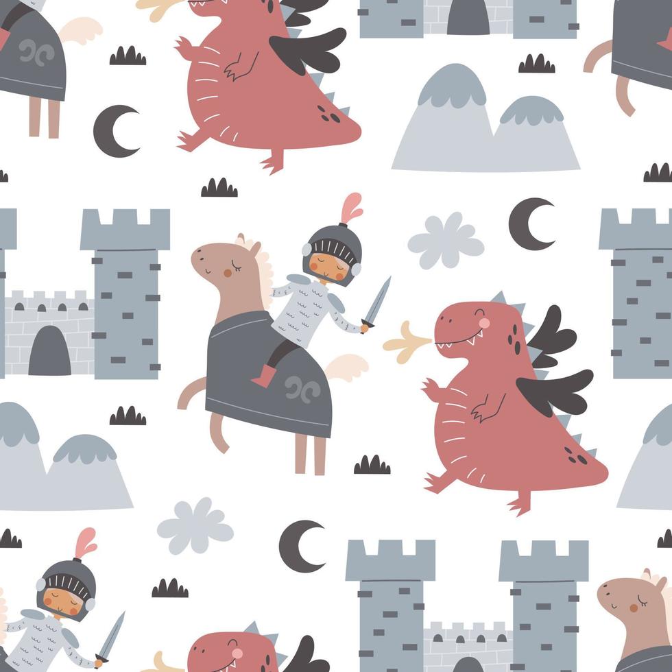 Seamless pattern with cartoon knights, dragon, decorative elements. Flat style colorful vector illustration for kids. hand drawing. baby design for fabric, textile, print, wrapper.