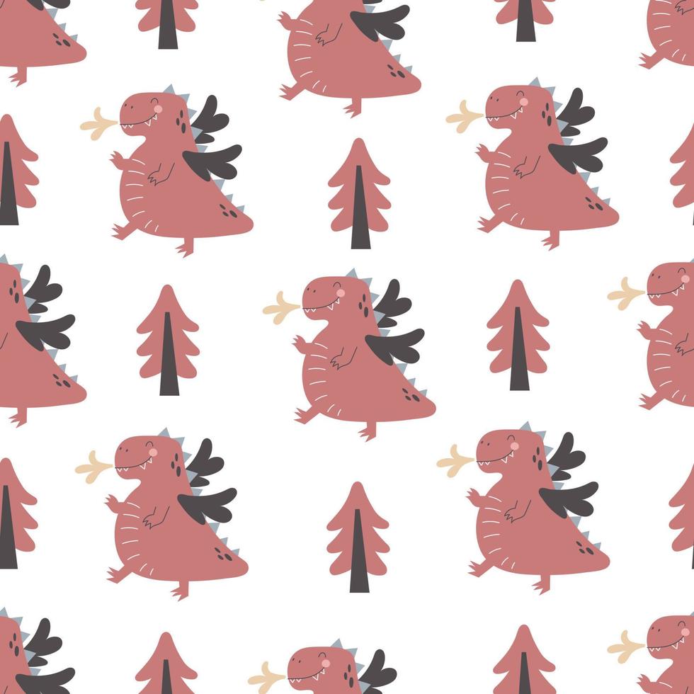 Seamless pattern with cartoon dragons, decorative elements. Flat style colorful vector illustration for kids. hand drawing. baby design for fabric, textile, print, wrapper.