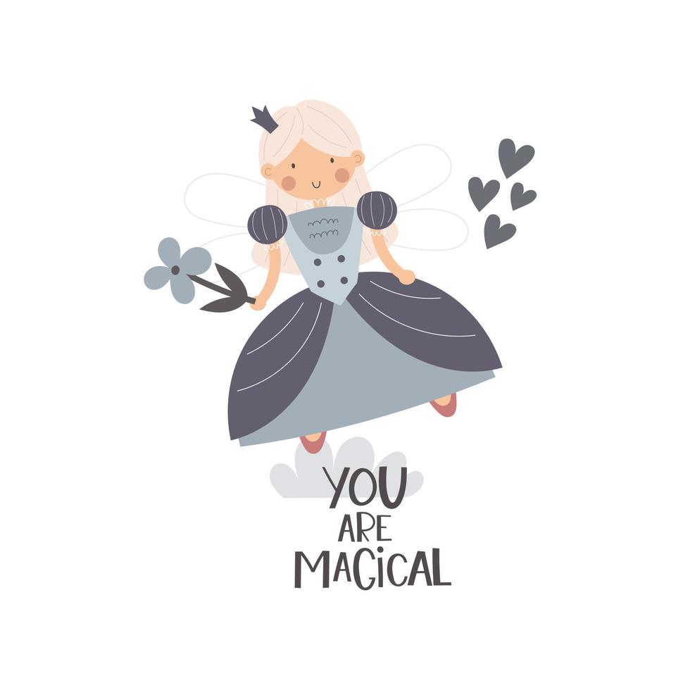 you are magical. cartoon princess, hand drawing lettering, decor elements. colorful vector illustration, flat style. design for cards, t-shirt print, poster