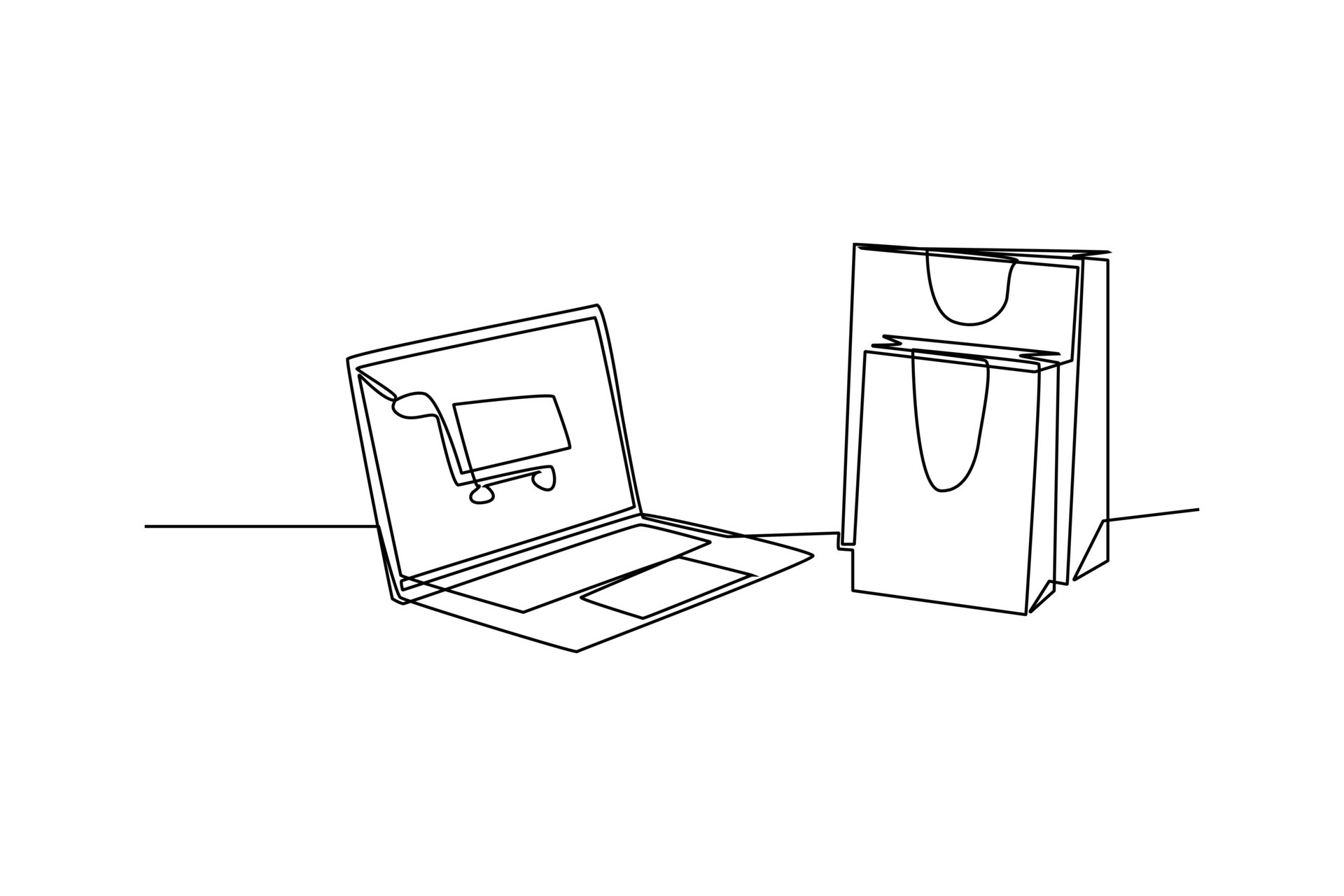 Single one line drawing online shopping with laptop and trolley. E