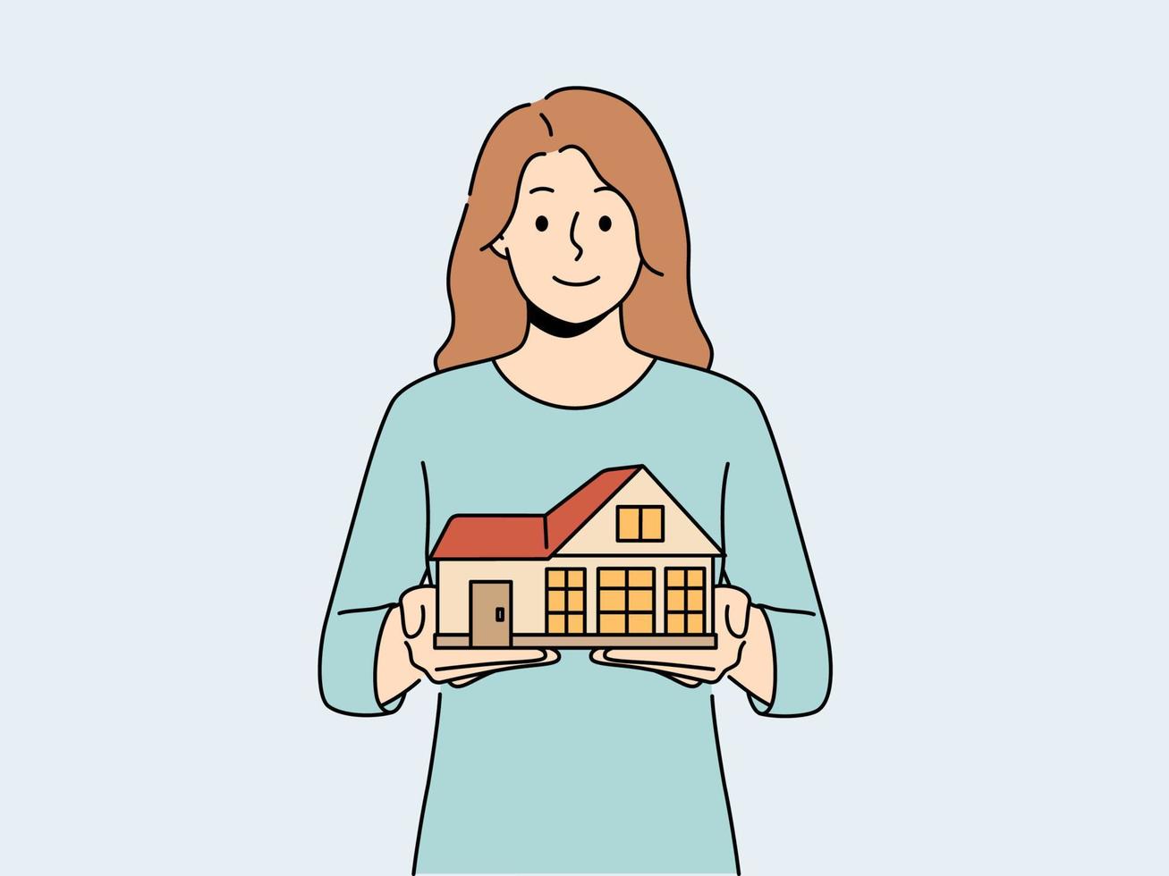 sonriente mujer participación casa modelo en manos. contento hembra real inmuebles agente con hogar maqueta recomendar Servicio a cliente. bienes raíces y alquilar. vector ilustración.