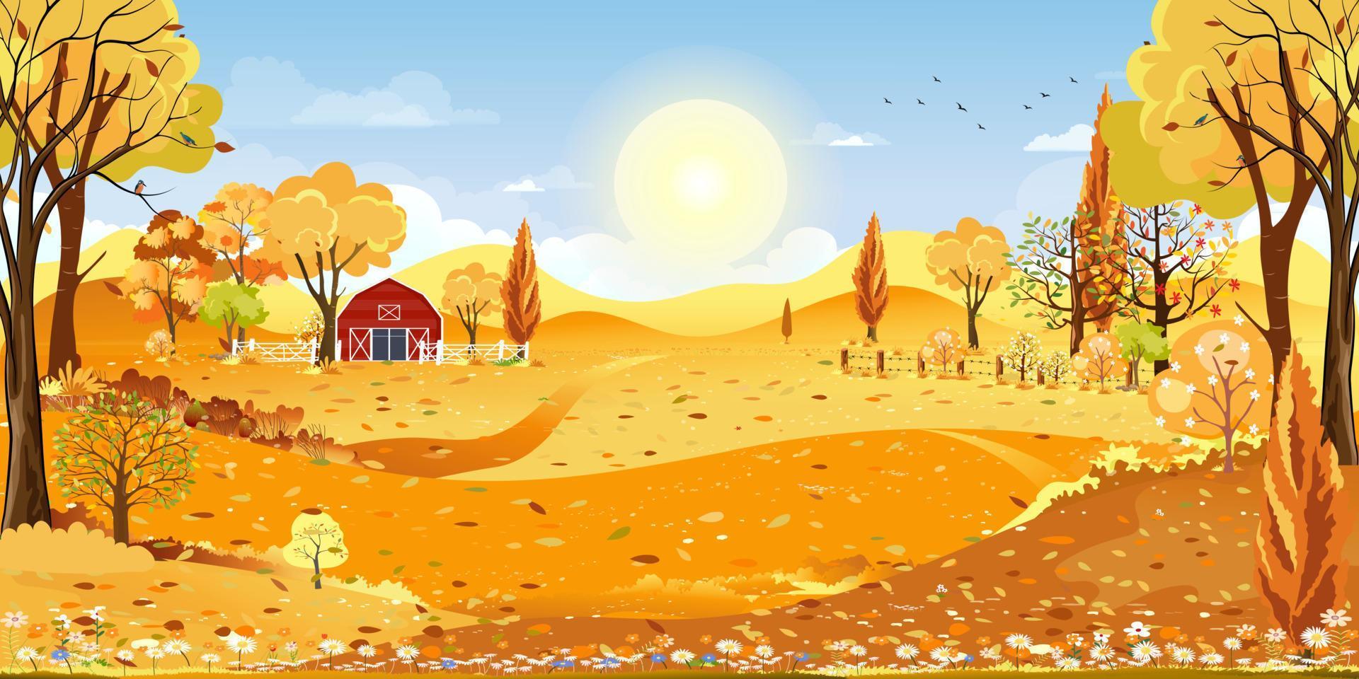 otoño panorama paisaje granja campo con azul cielo,panorama ver otoño rural campo con Amarillo naranja follaje, vector dibujos animados otoño temporada con Copiar espacio para bandera antecedentes