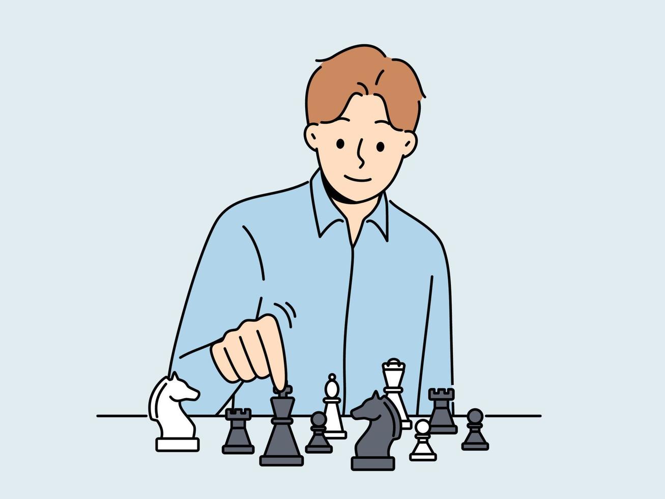 Smiling man sit at table play chess. Happy businessman enjoy game on chessboard. Hobby and leisure time. Strategy and planning. Vector illustration.