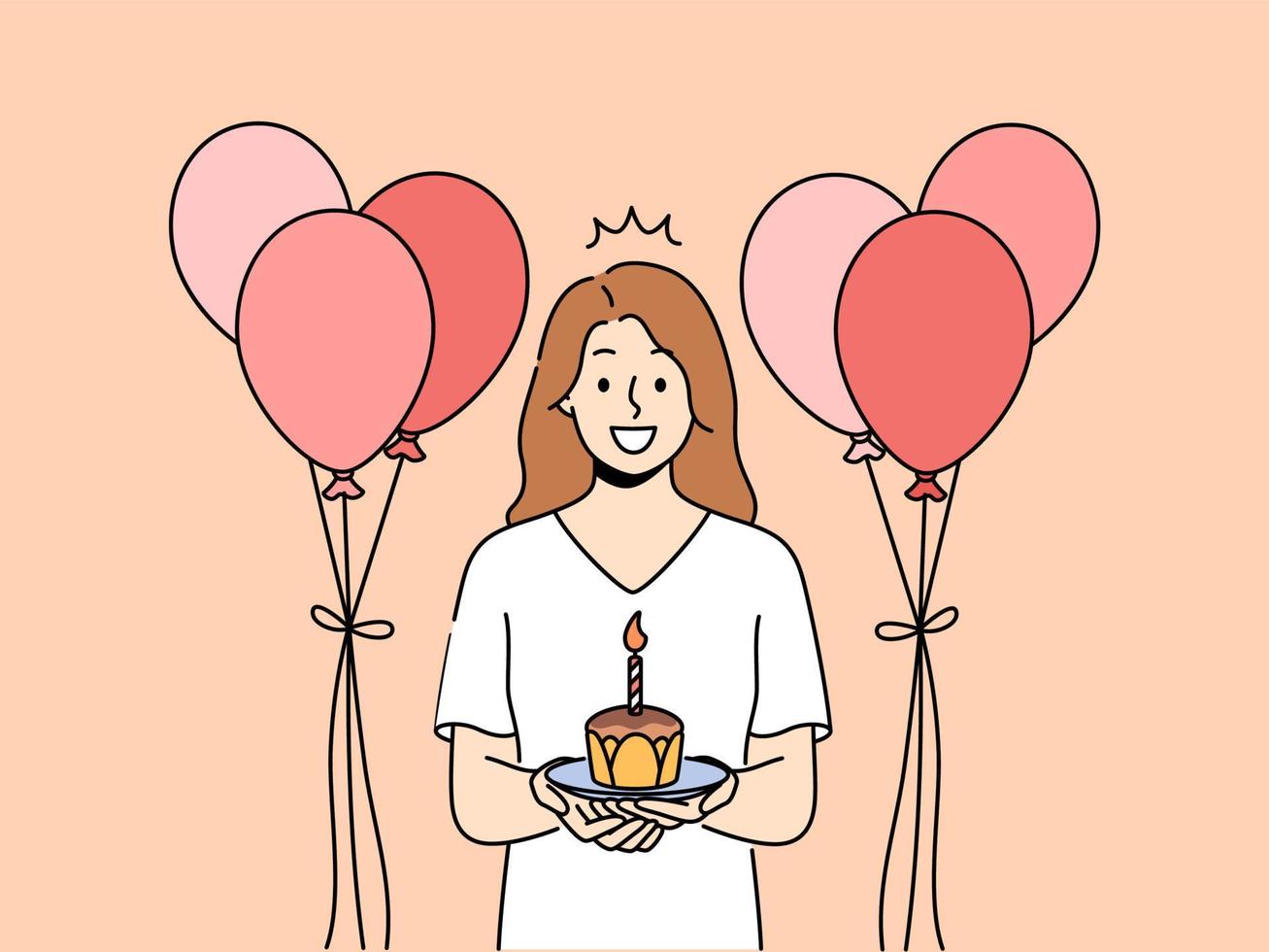 sonriente mujer con pastel en manos y globos celebrar cumpleaños. contento niña con magdalena con vela disfrutar aniversario celebracion. vector ilustración.