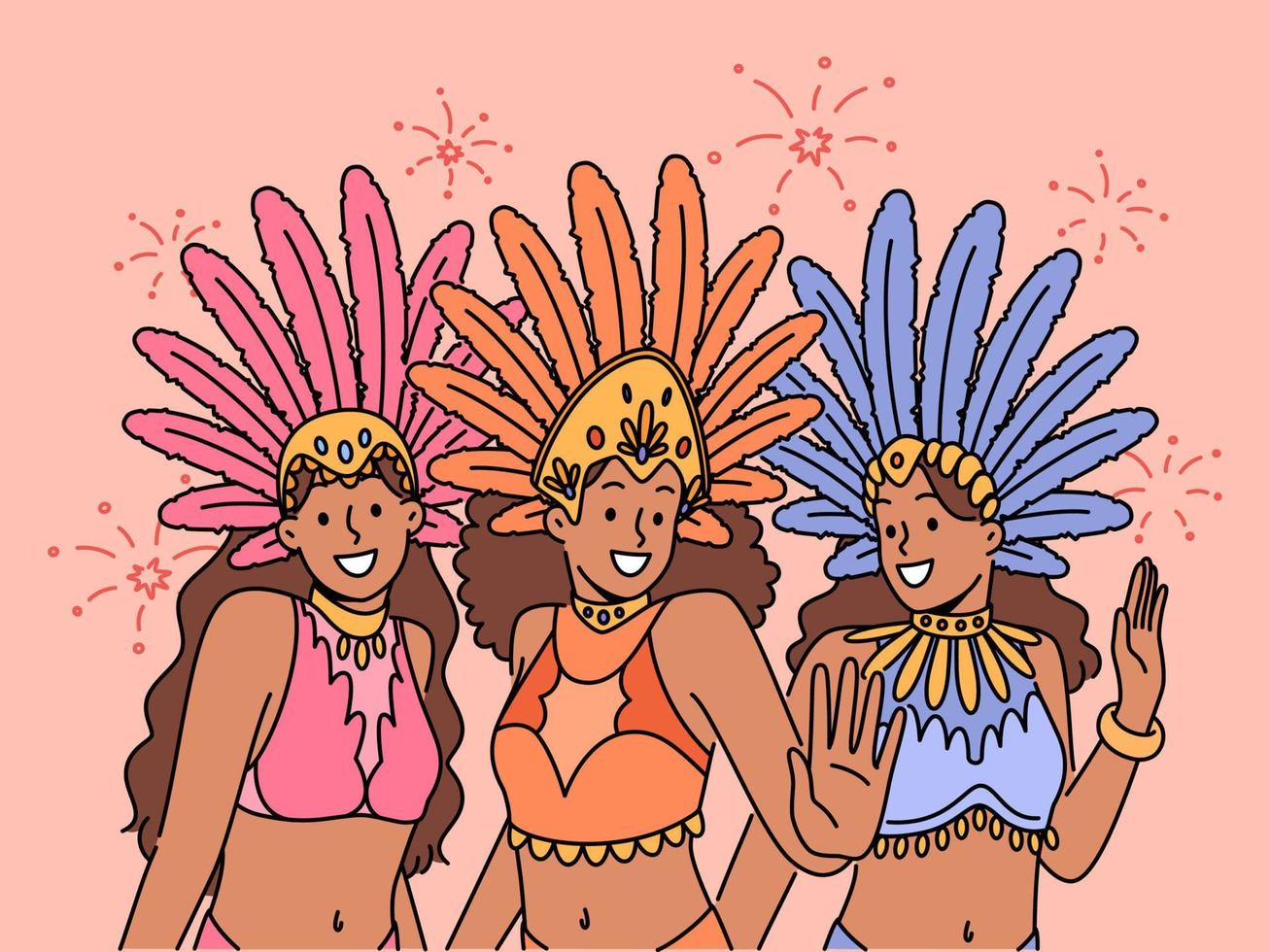 mujer en vistoso disfraces bailando en carnaval. sonriente muchachas en tradicional ropa tener divertido disfrutar festival o mascarada. vector ilustración.