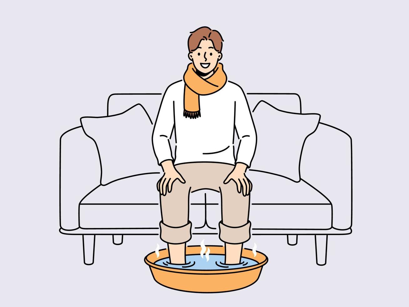 Smiling man in scarf sit on sofa at home soak feet in hot water. Happy male suffer from cold or flu do procedures for fast recovery. Healthcare. Vector illustration.