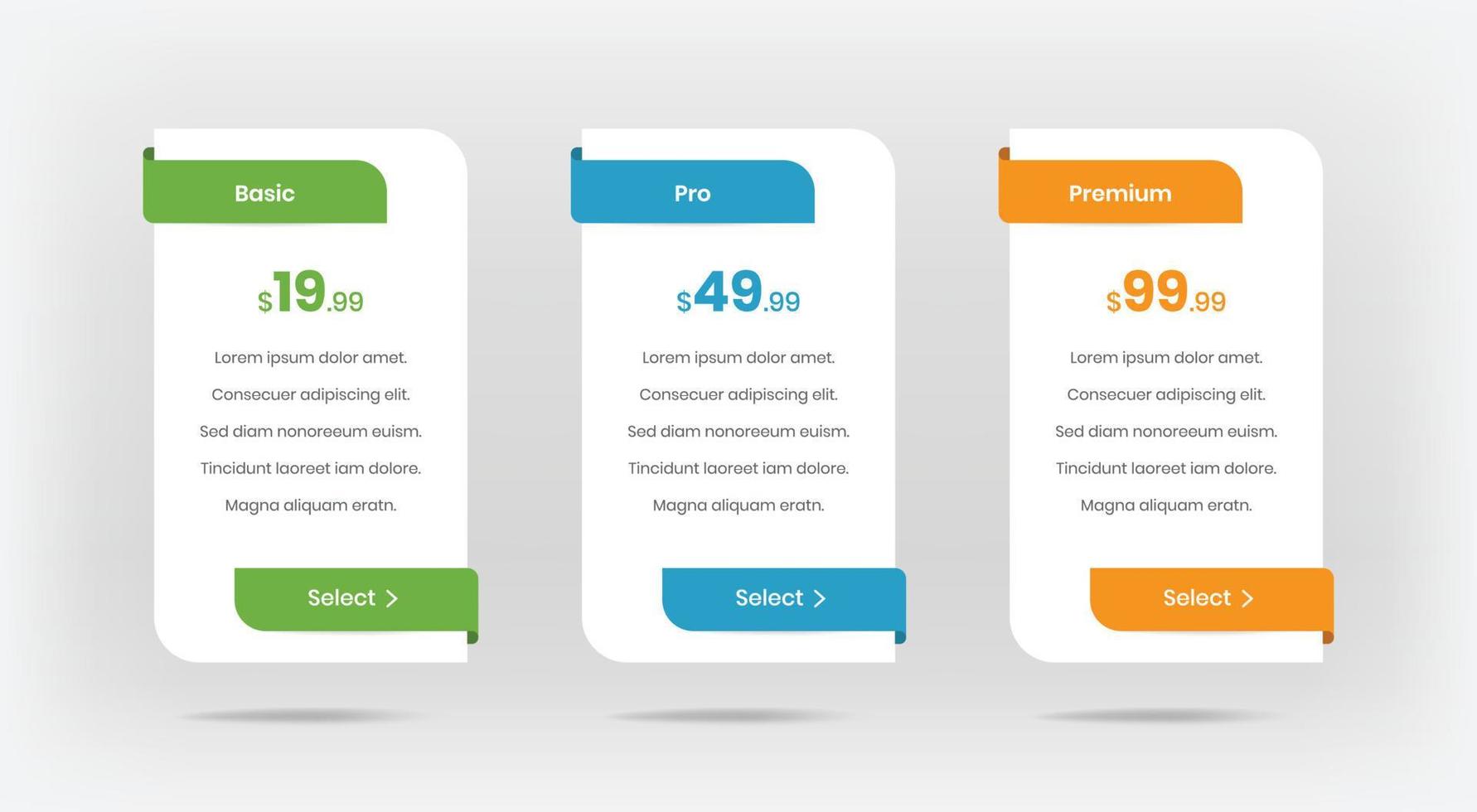 Clean minimal pricing table with drop shadow for web and ui design vector
