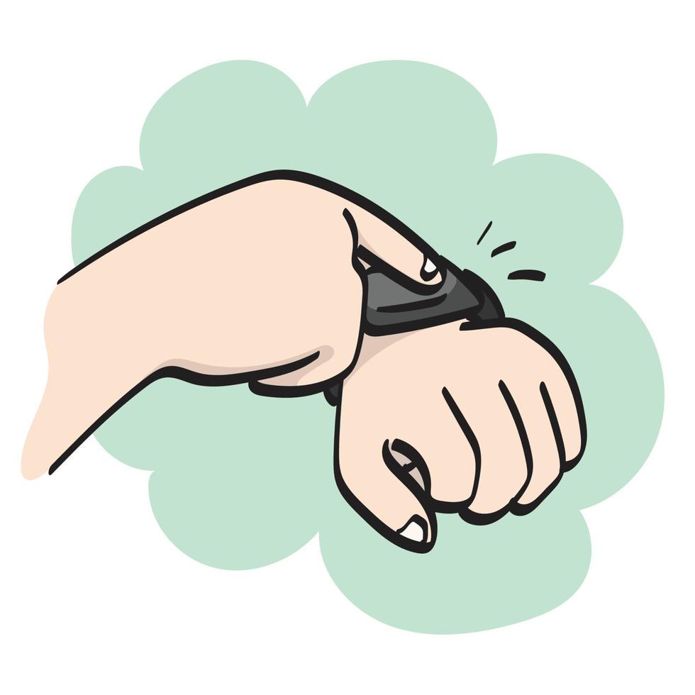 closeup hand using smart watch illustration vector hand drawn isolated on white background line art.