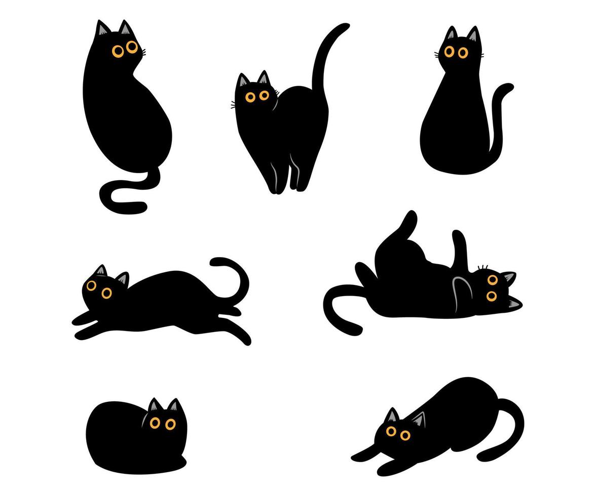 Set of black cats funny poses. lazy kitties clipart illustration. simple hand drawn design. vector