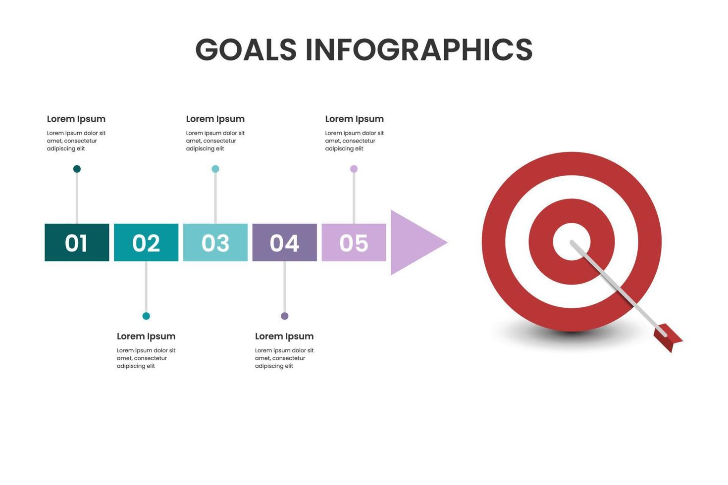 cinco infografía negocio con arco flecha y objetivo para cronograma presentación concepto vector