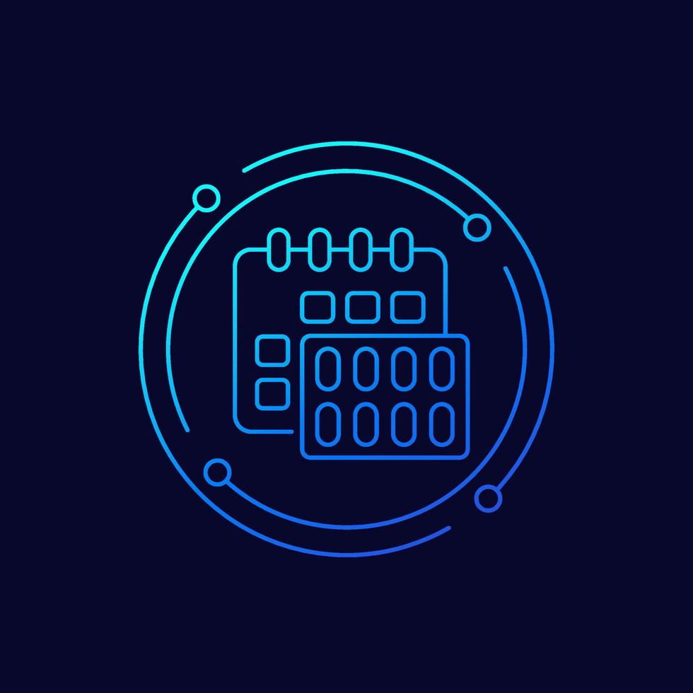 medication schedule line vector icon, pills and calendar