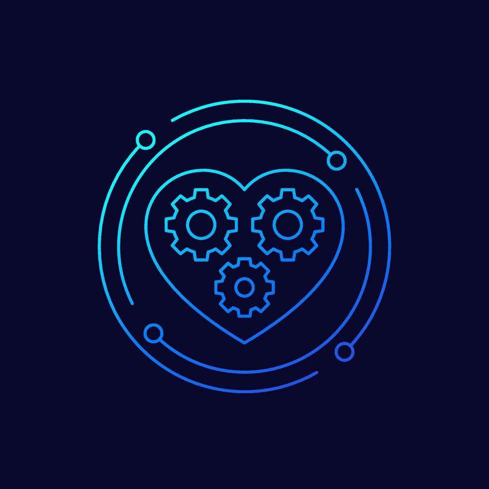 biotechnology icon with heart and gears, linear design vector