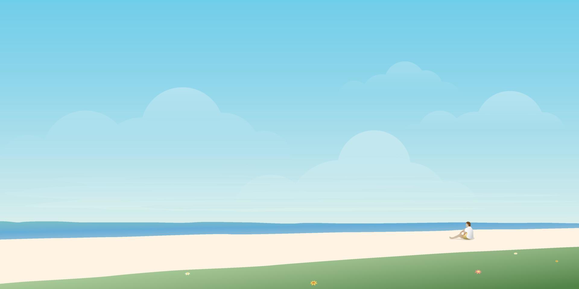 Seascape and blue sky have man sitting alone on the beach flat design. Tropical beach with blank space vector illustration.