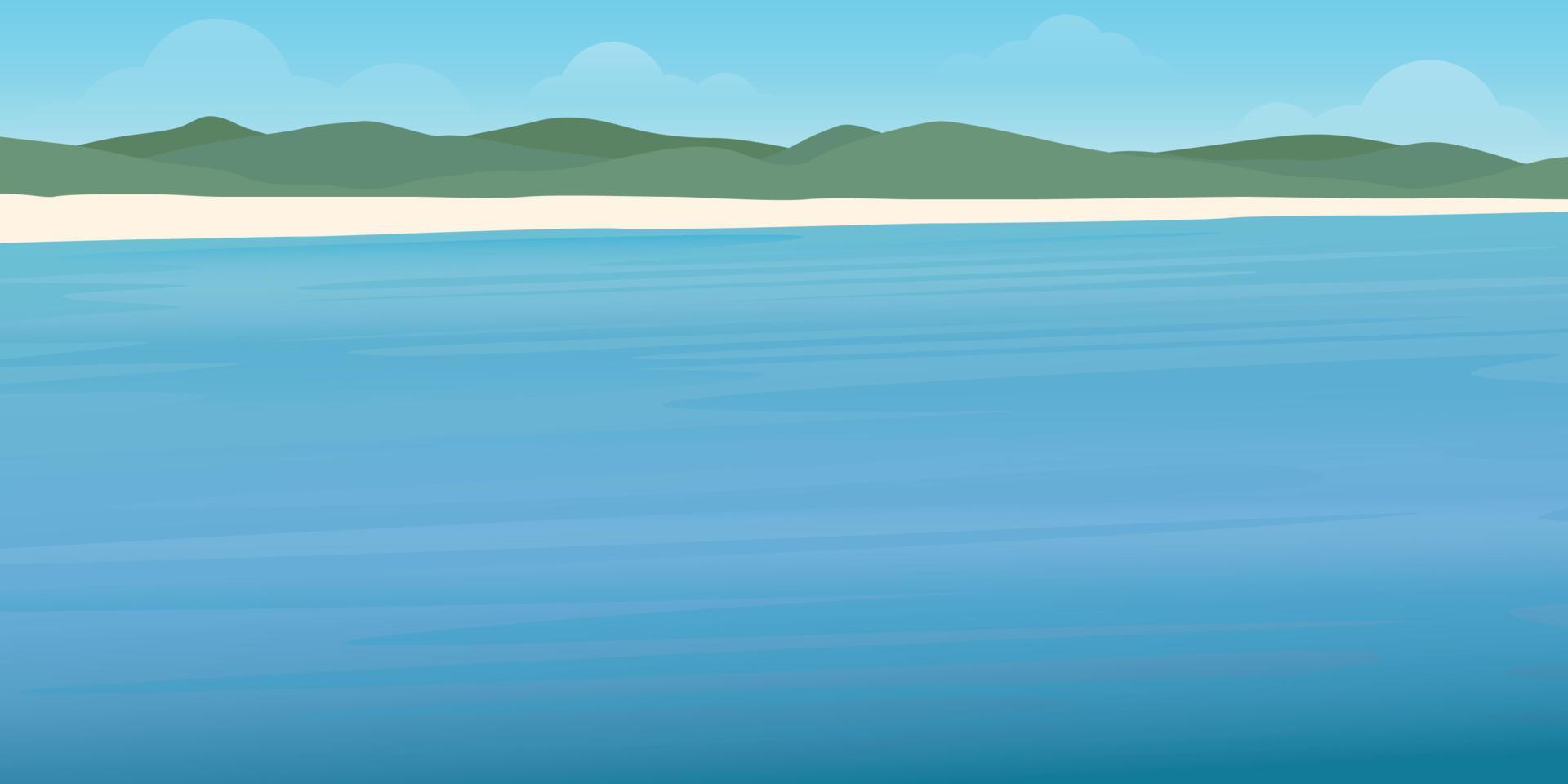 Seascape, white sand beach, mountains and blue sky flat design. Tropical beach with blank space vector illustration.