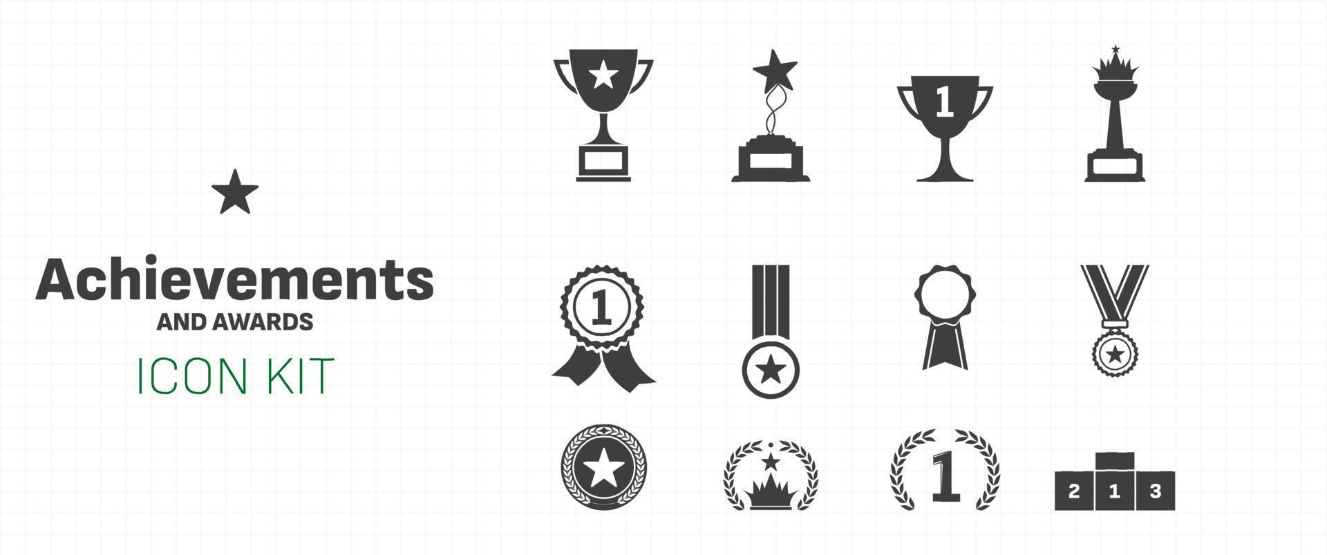 Icon set wit trophy cups and golden medals for success and achievements. Victory win at contest as an award and prize for achievement. vector