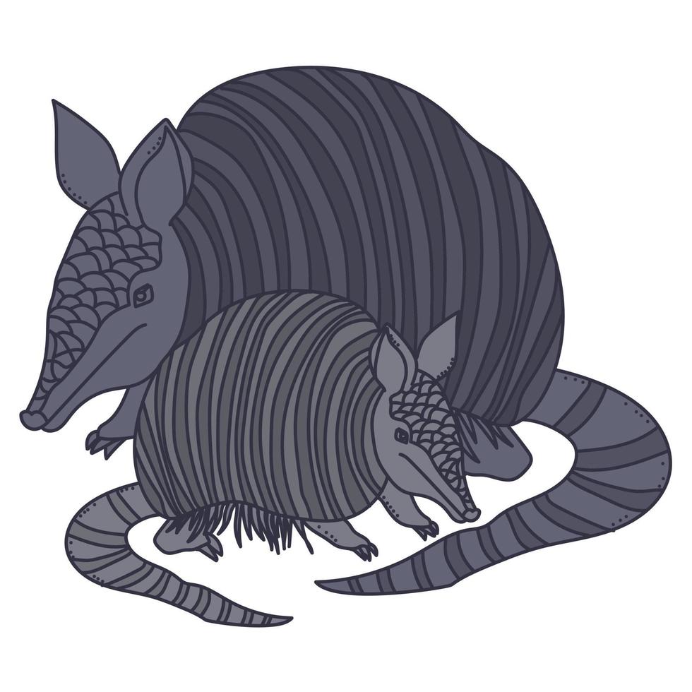 Pair of armadillos, mom and baby animal in doodle style vector