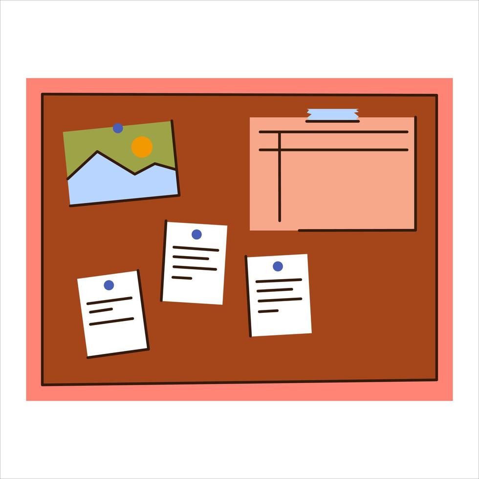 A large collection of paper for messages and a planner on the cork panel, a blackboard for notes. vector illustration