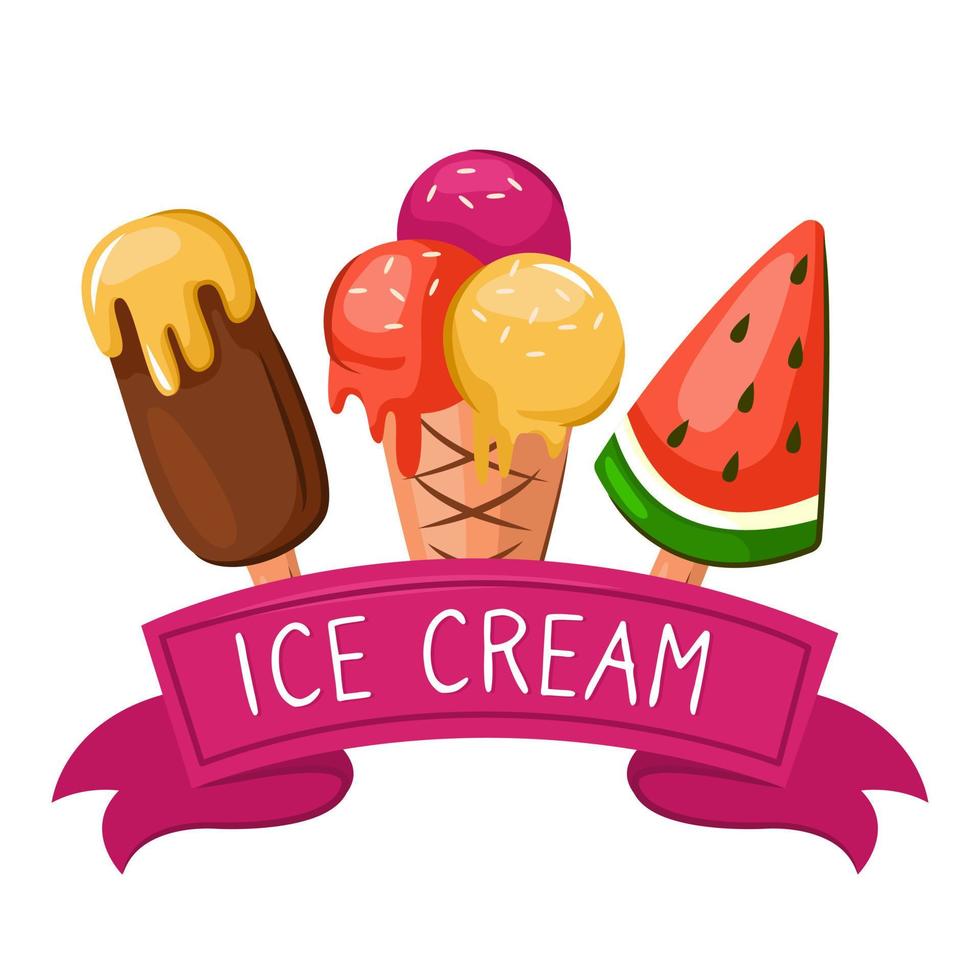 An illustration of an ice cream with a delicious dessert and a decorative ribbon on a white background. Vector design template for an advertising banner or poster with vanilla, chocolate, fruit.