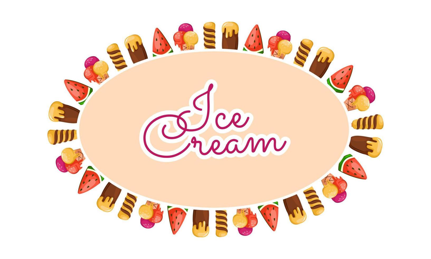 A frame with various types of ice cream on a white background. Vector frame template for restaurant menus, postcards, backgrounds, summer designs