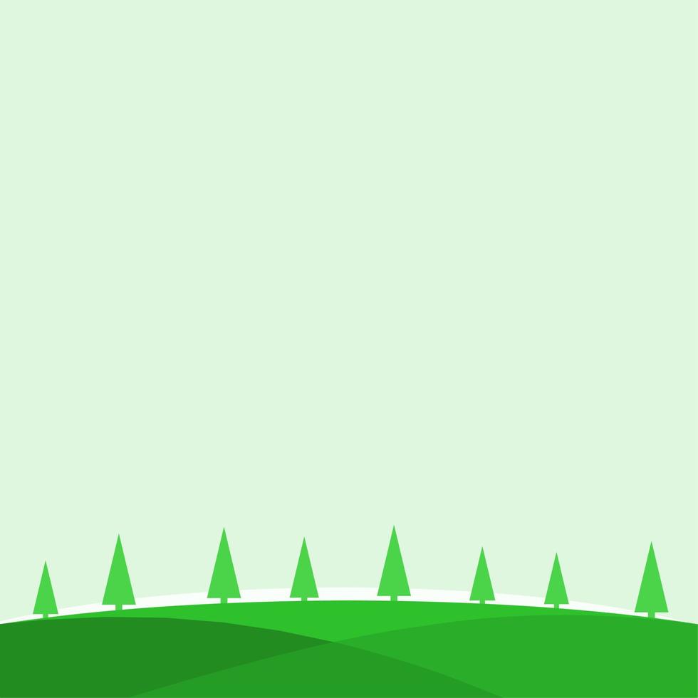 flat illustration of green meadow scenery with pine trees. environment vector background