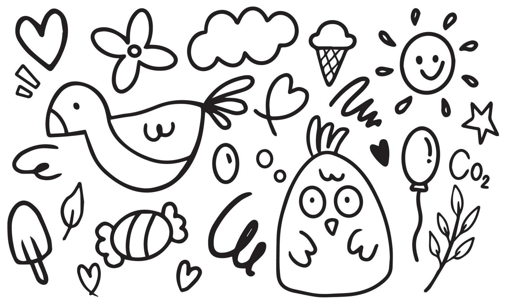 Set of doodle hand drawn. Elements of star, heart, cloud, sun, chicken, flower, spring etc. vector