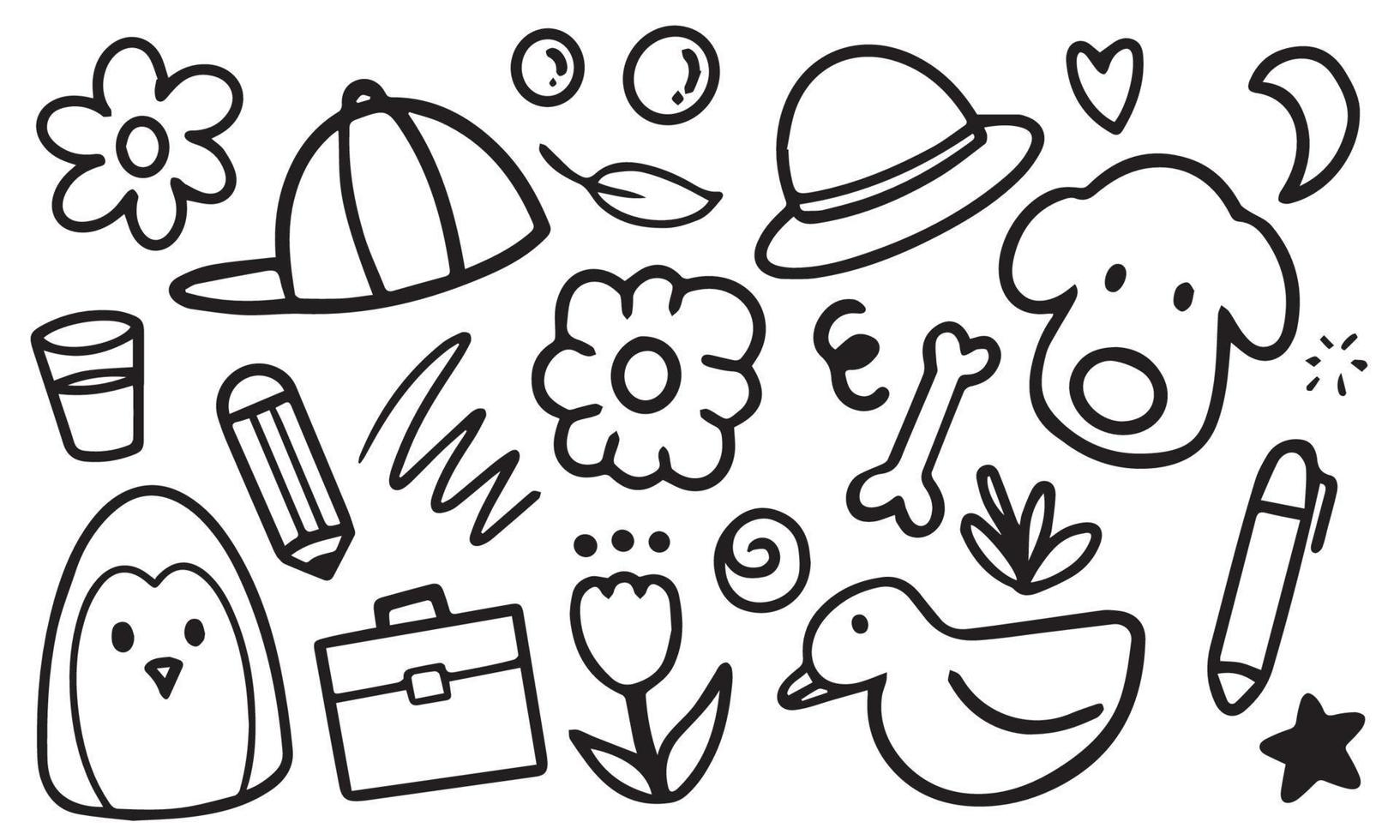 Set of doodle hand drawn. Elements of star, heart, cloud, sun, chicken, flower, spring etc. vector
