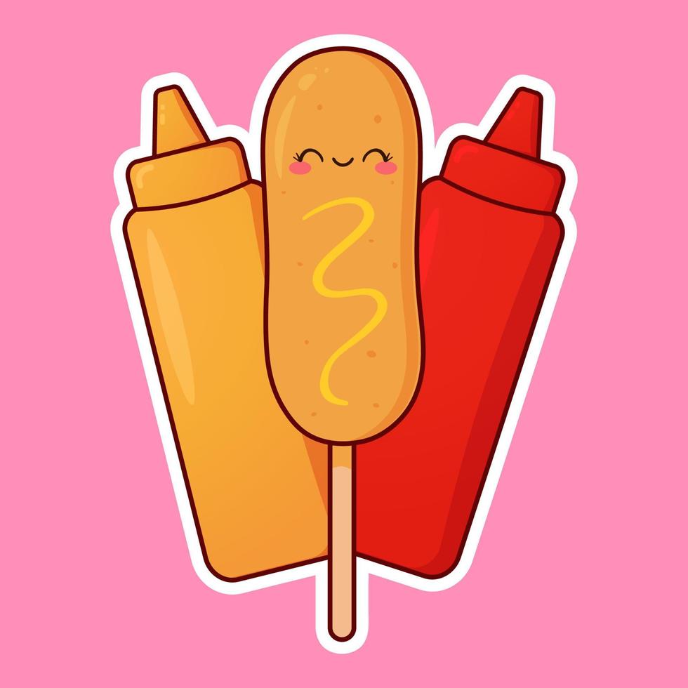 Cute corn dog with sauce bottle. Kawaii character. Cartoon vector illustration. Sticker design.