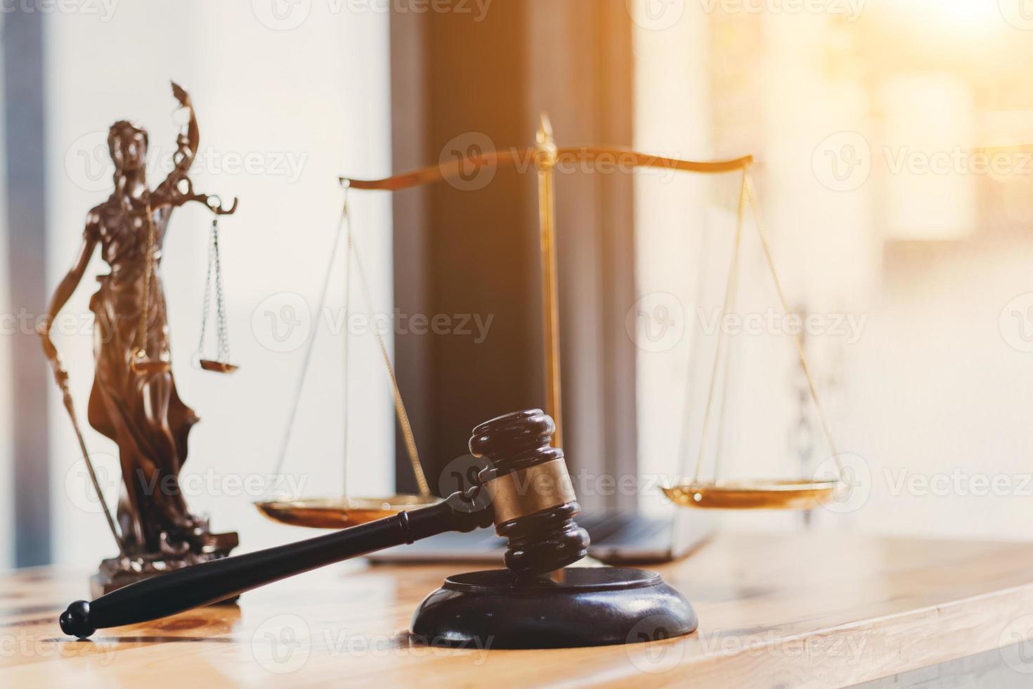 wooden judge gavel on table as symbol of justice for use in legal cases judicial system and civil rights and social justice concept with judge. concept of legislation to judge lawsuits with justice. photo
