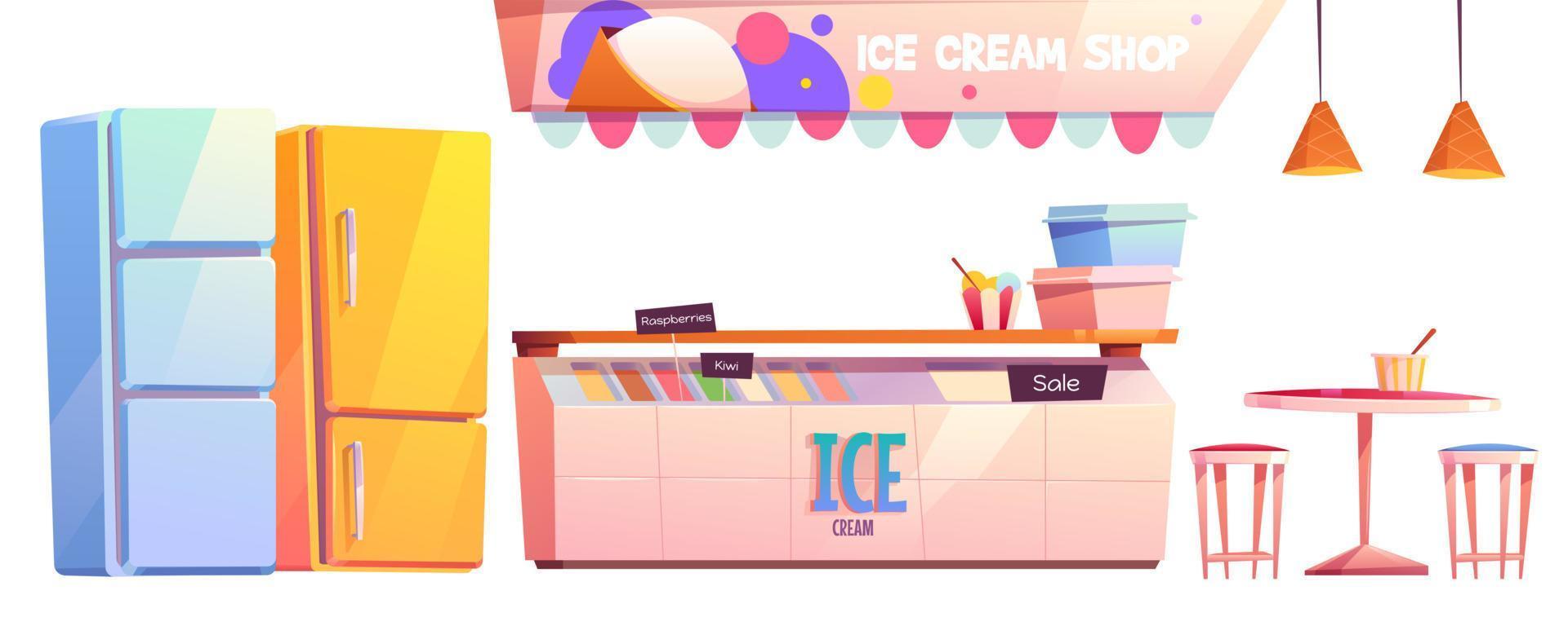 hielo crema tienda o café interior equipo conjunto vector