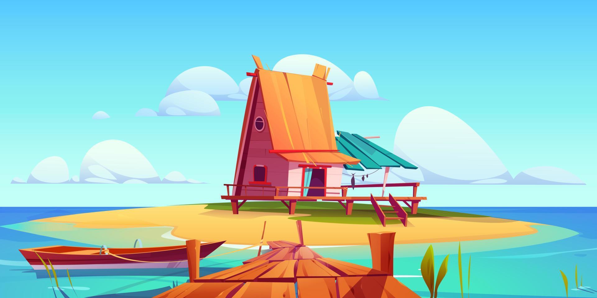 Cartoon scene with small house on island in ocean vector