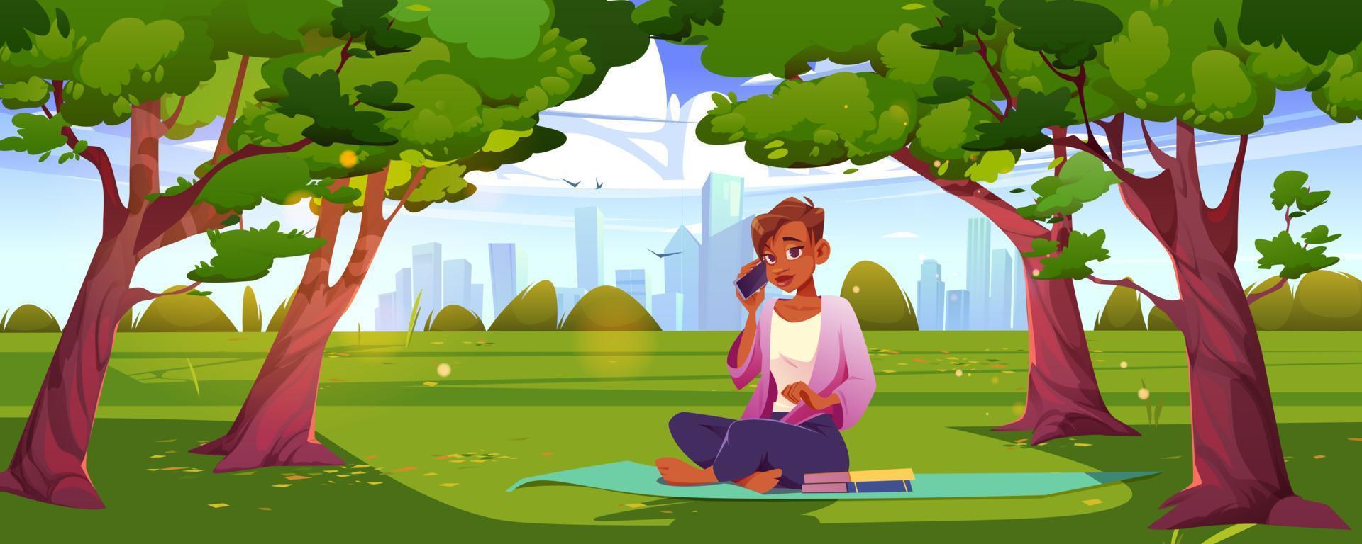 Girl with smartphone in city park sitting on mat vector
