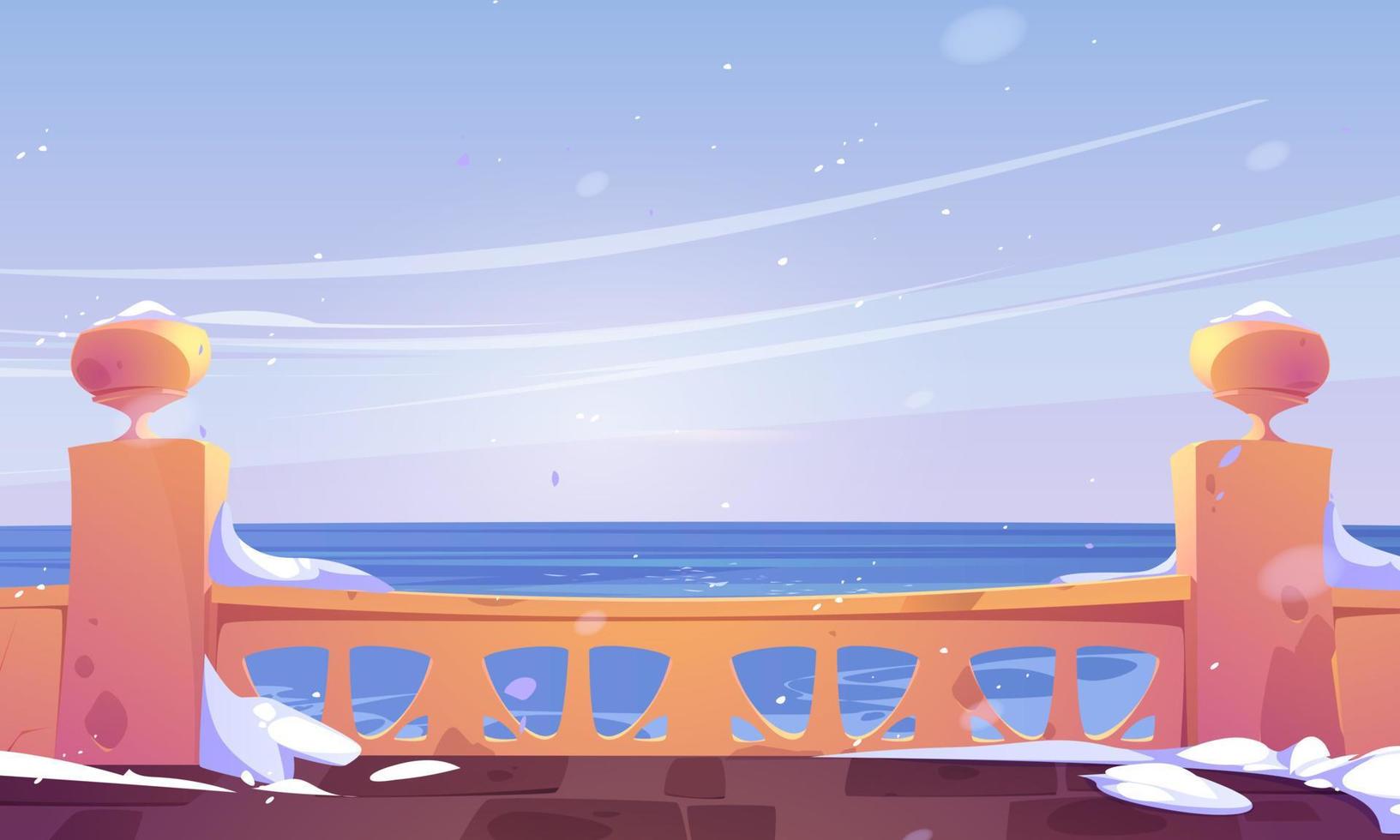 Hotel terrace empty view with sea and falling snow vector