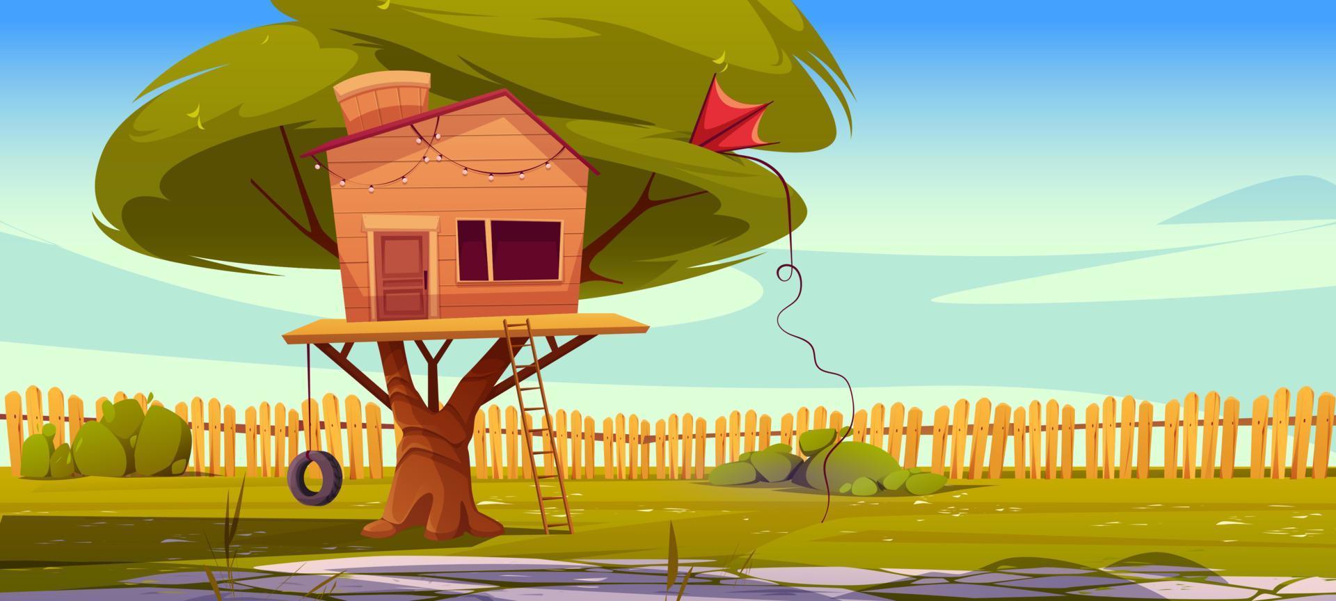 Tree house on backyard lawn with fence background vector