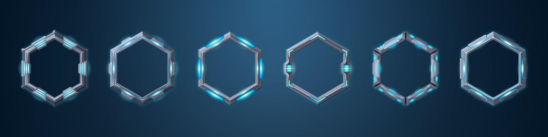 Sci fi game rank avatar metal hexagon frame set vector