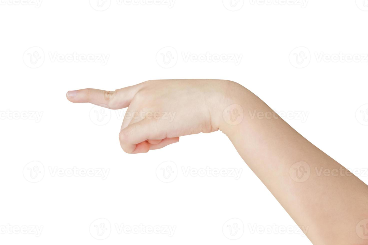 Kid hand touching or pointing to something isolated on white background photo