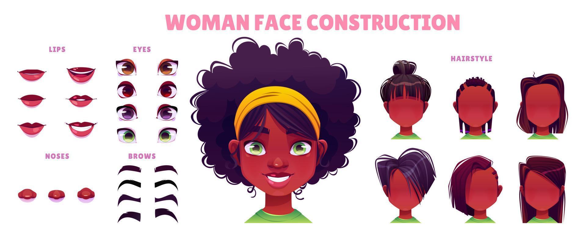 Cartoon african woman face avatar construction vector