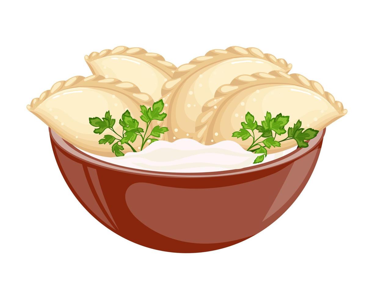 Vareniki in a bowl with sour cream and herbs. Ukrainian national cuisine. Food illustration, vector. vector