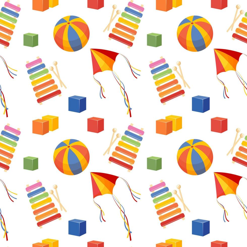 Seamless pattern of colorful children's toys. Balls, kites, drum, cubes on a white background. Background, print, vector