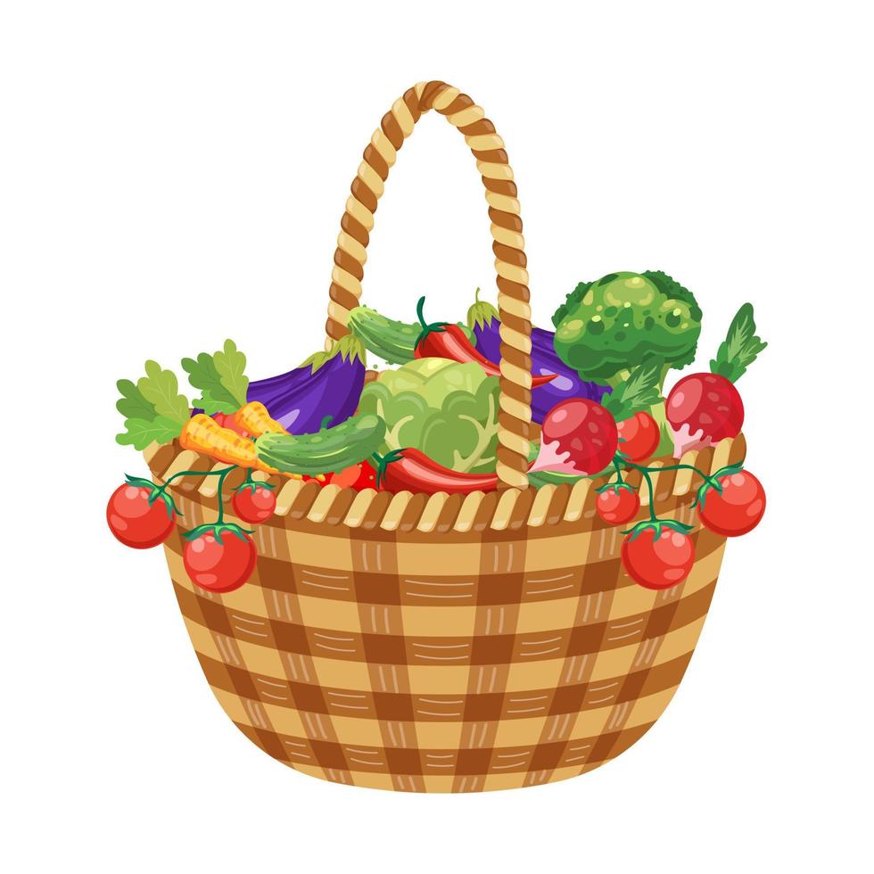 Wicker basket with vegetables. Harvest and farming. Healthy food illustration. Vector