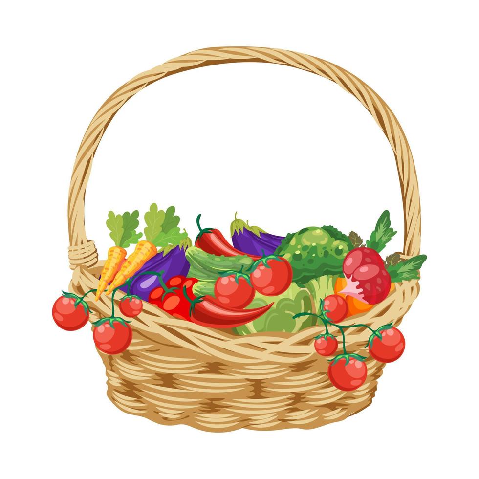 Wicker basket with vegetables. Harvest and farming. Healthy food illustration. Vector