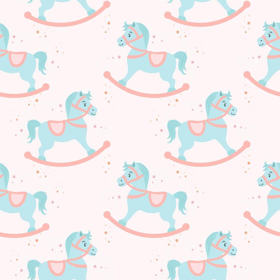 Seamless pattern, cute rocking horses on a background with stars. Pastel colors. Baby shower background, baby textile, wallpaper, vector