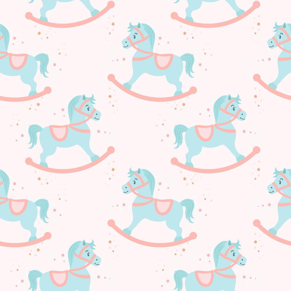 Seamless pattern, cute rocking horses on a background with stars. Pastel colors. Baby shower background, baby textile, wallpaper, vector