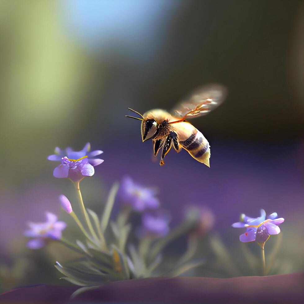 Honey bee fly in the garden with flower and nectar photo