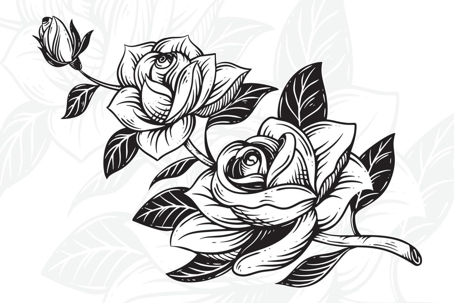 Traditional Tattoo Stencil of a Rose Bouquet Black Line Art Smooth