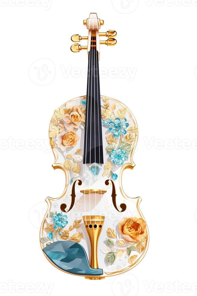 , beautiful musical instrument violin, brooch, opal stone and golden color palette isolated on white background. Bijouterie, jewelry close up photo