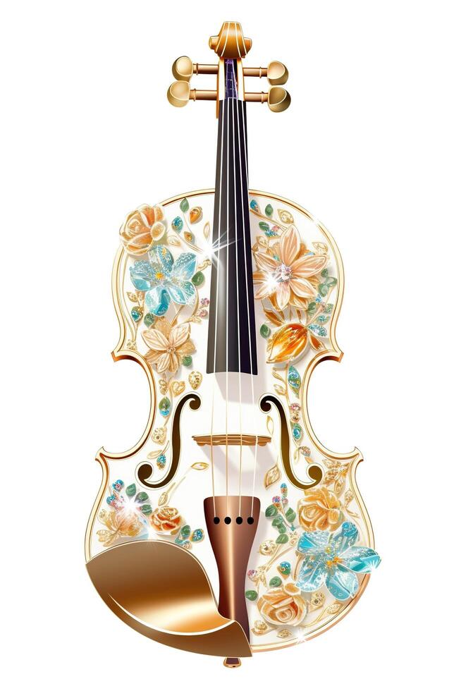 , beautiful musical instrument violin, brooch, opal stone and golden color palette isolated on white background. Bijouterie, jewelry close up photo